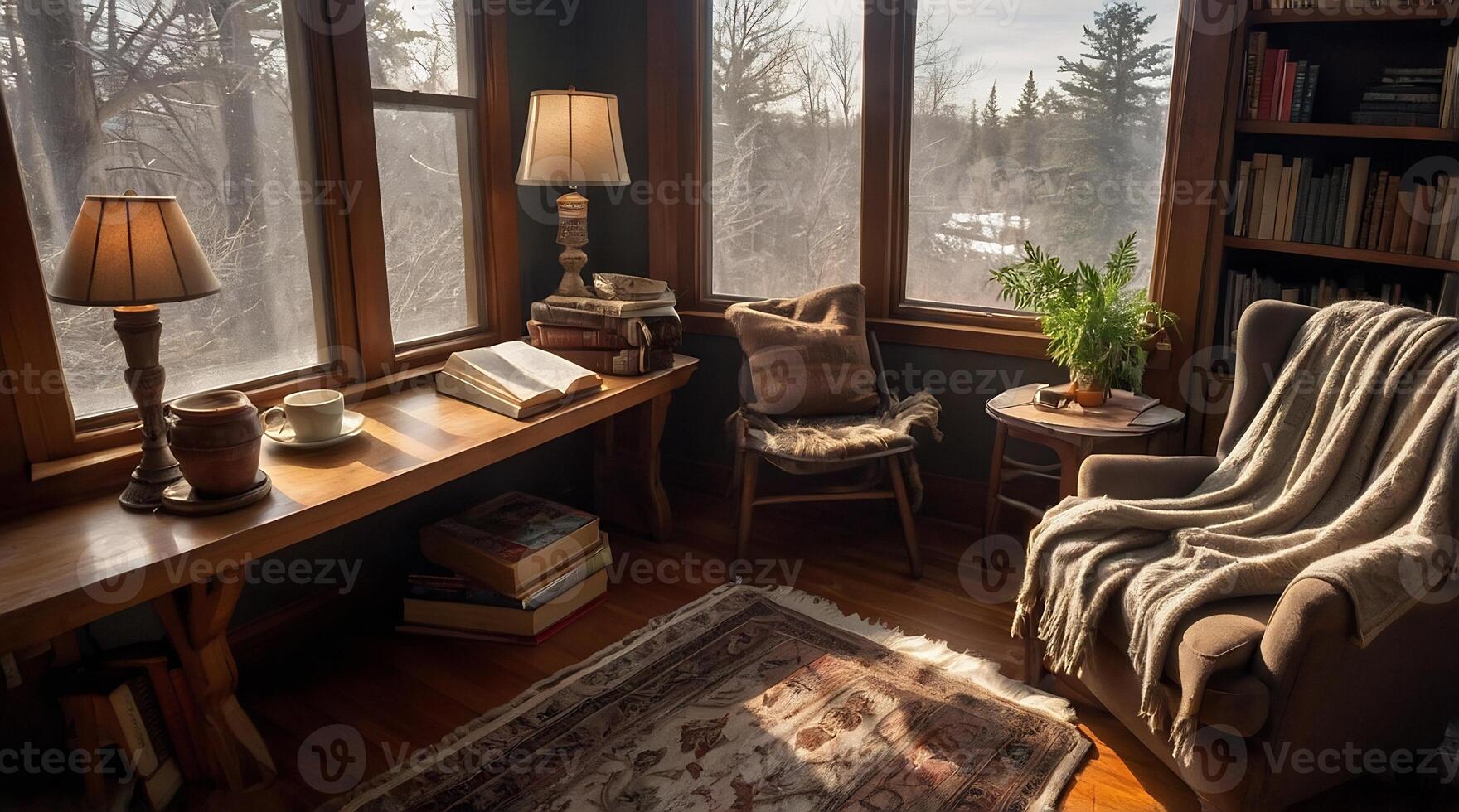 A cozy reading nook in a home with windows photo