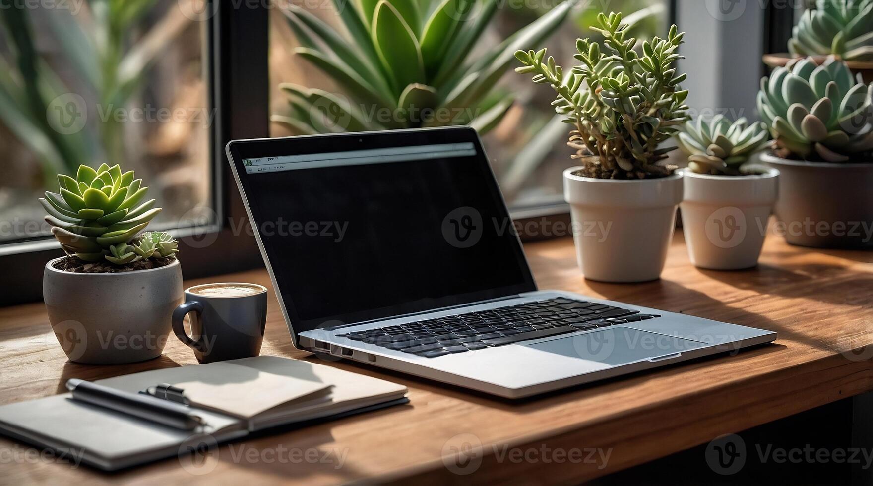 Laptop on a desk with plants and a notebook photo