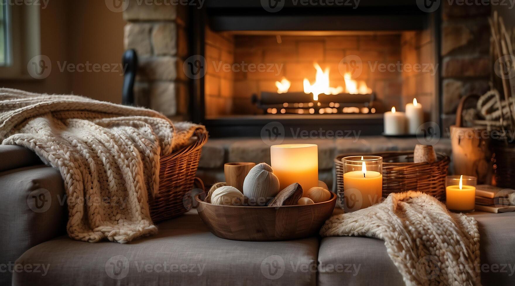 Candles and a basket of warm blankets sit next to a fireplace photo
