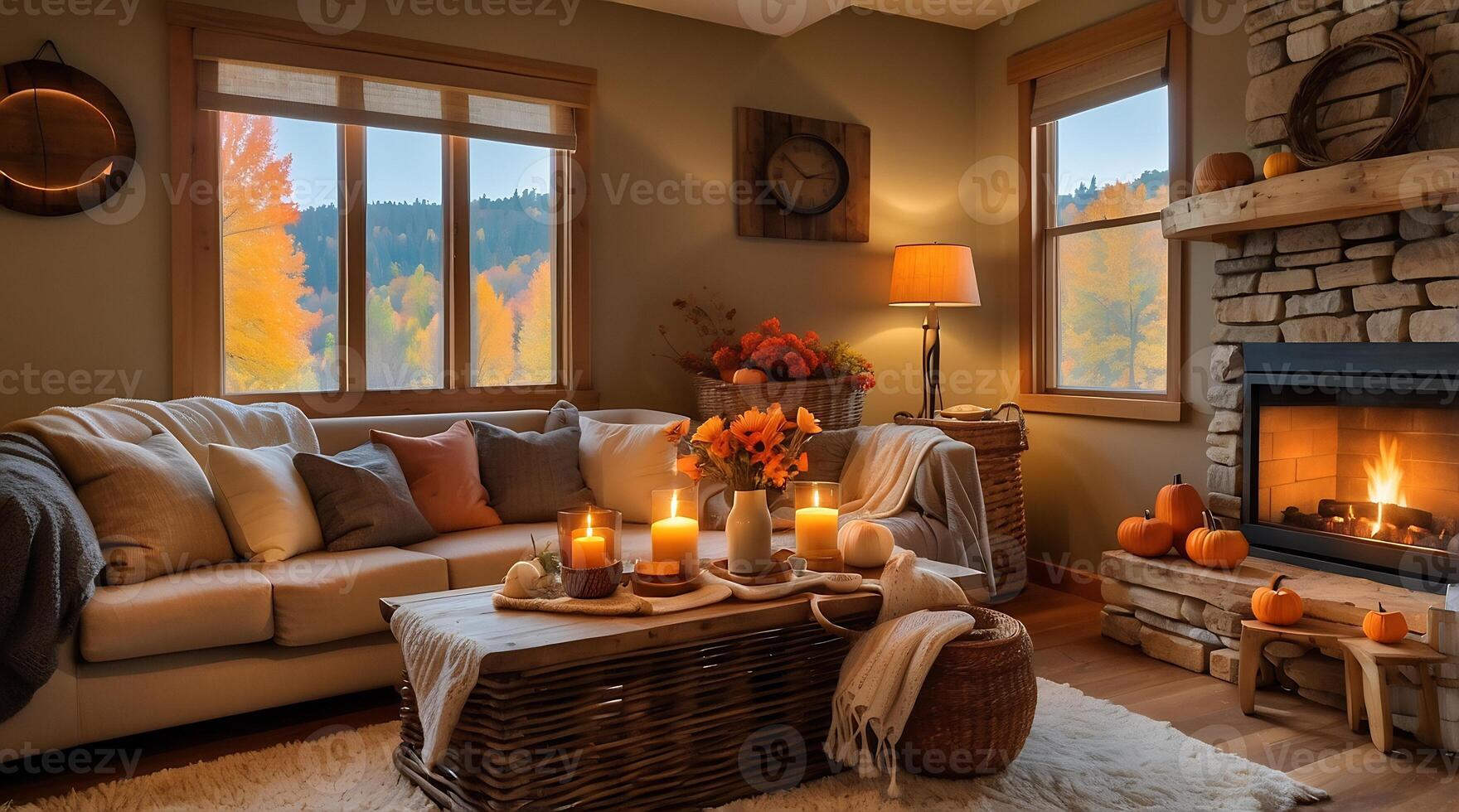 A living room with a fireplace and a couch photo