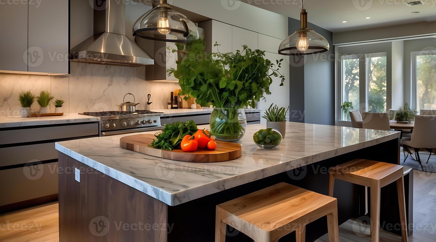 A kitchen with a marble island and wooden stools photo