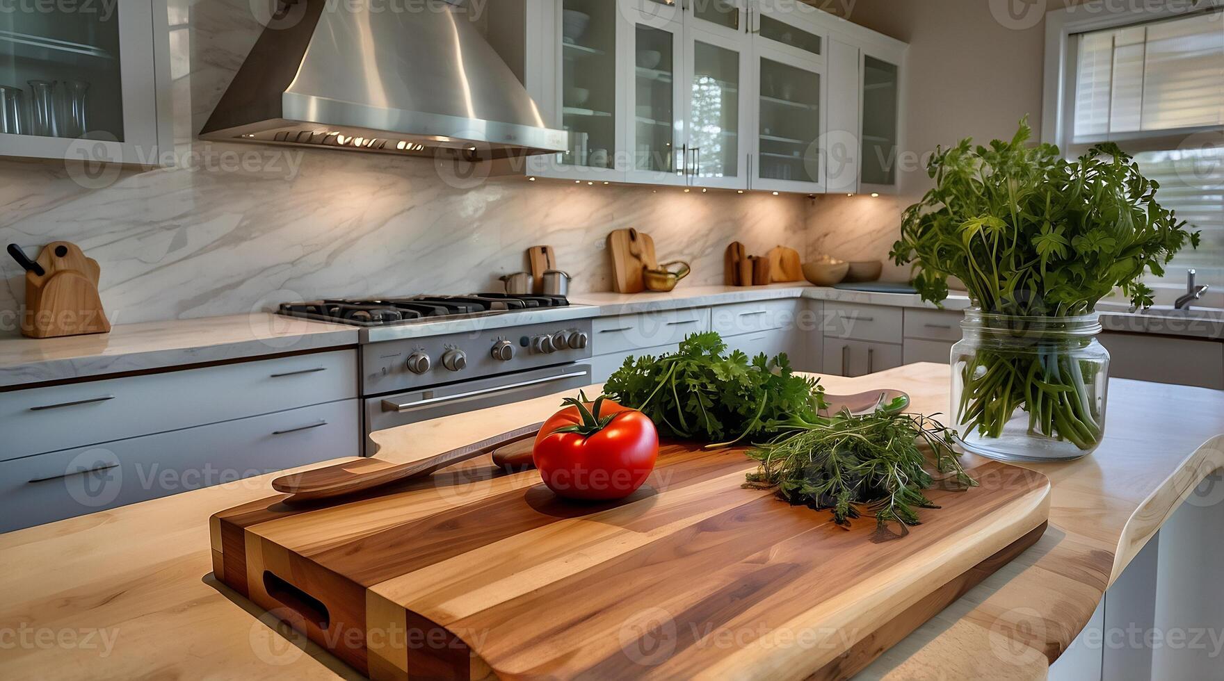 A kitchen with a cutting board and vegetables on it photo