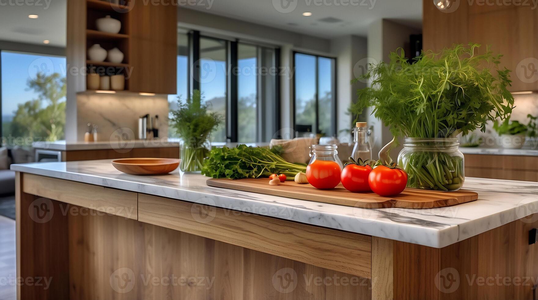 A kitchen with a marble top and wooden cabinets photo