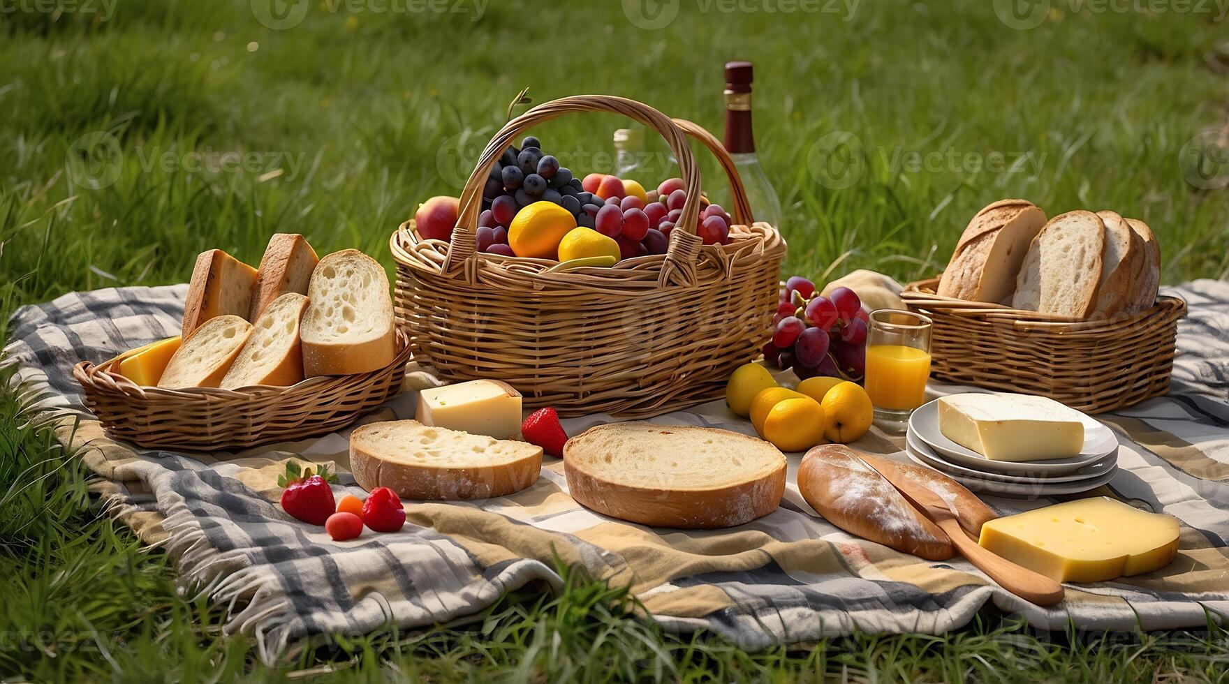 A picnic basket with bread, cheese, fruit and bread photo