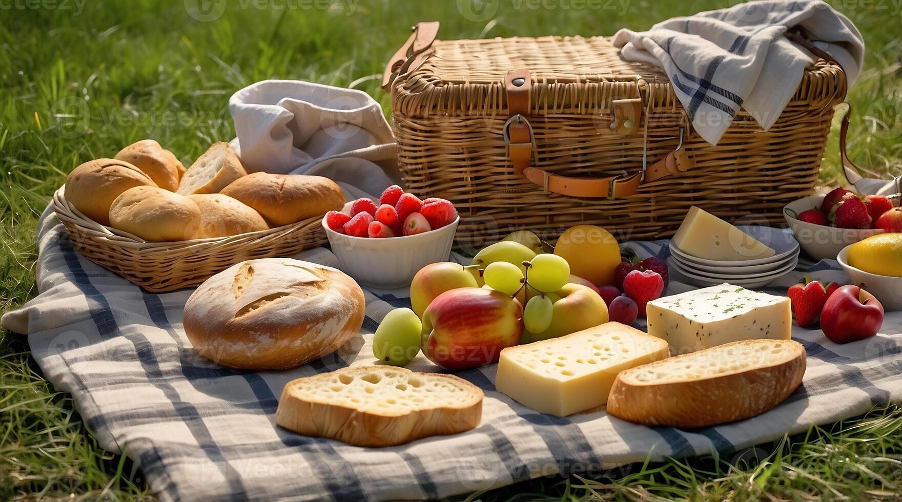 A picnic basket with bread, fruit and cheese photo