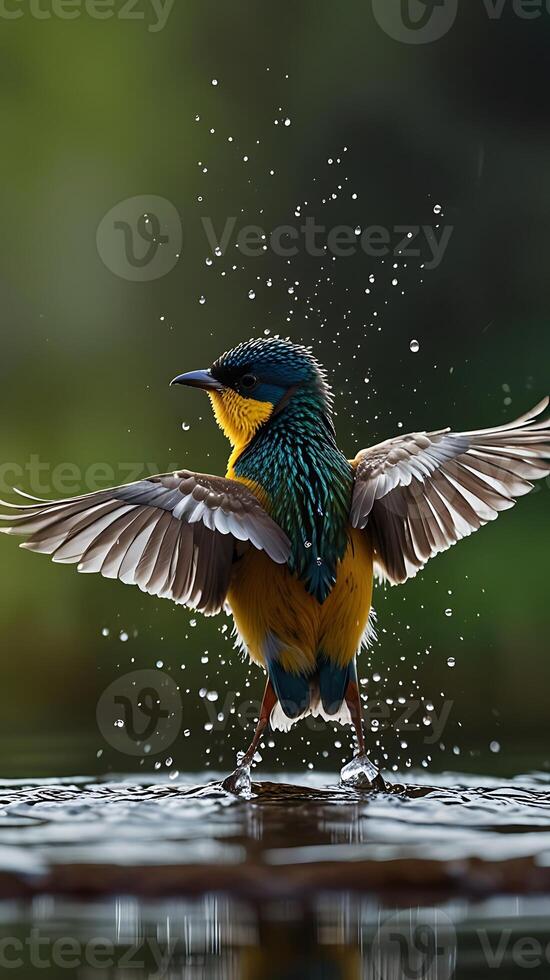 A bird is taking a bath in the water photo