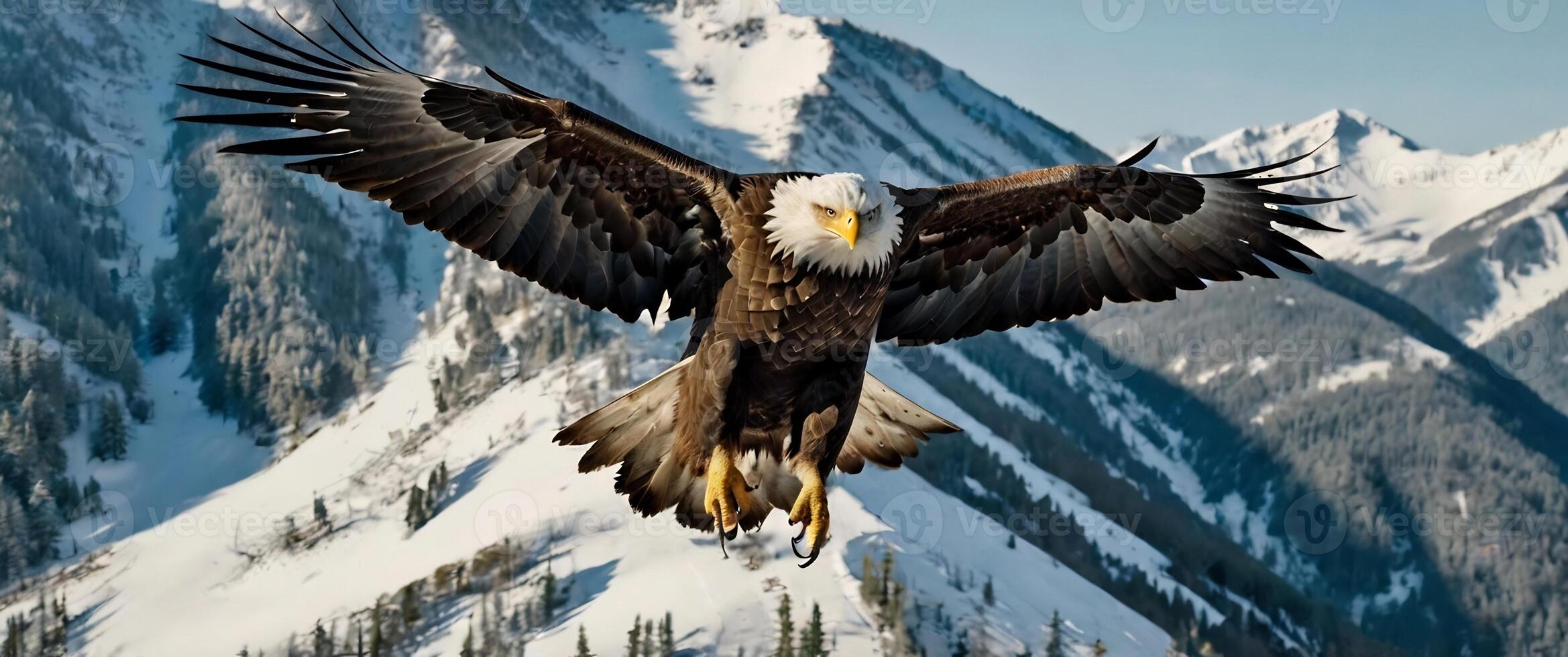 An eagle flying over a mountain range photo