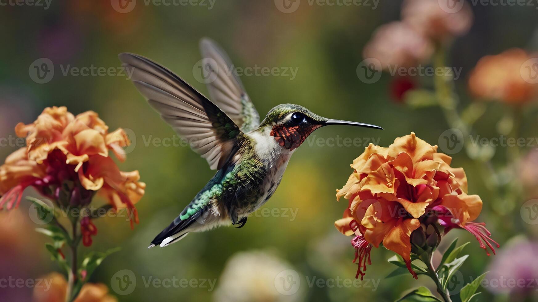 Hummingbird in flight with flowers in the background photo