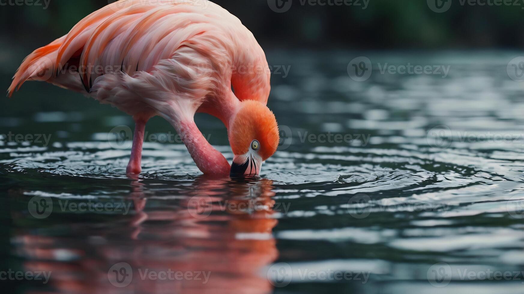 A pink flamingo is drinking water from a pond photo