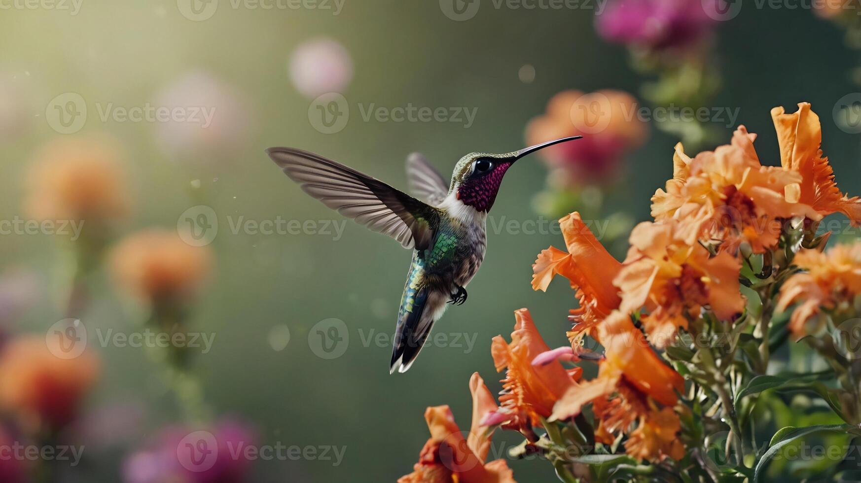 Hummingbird flying over flowers photo