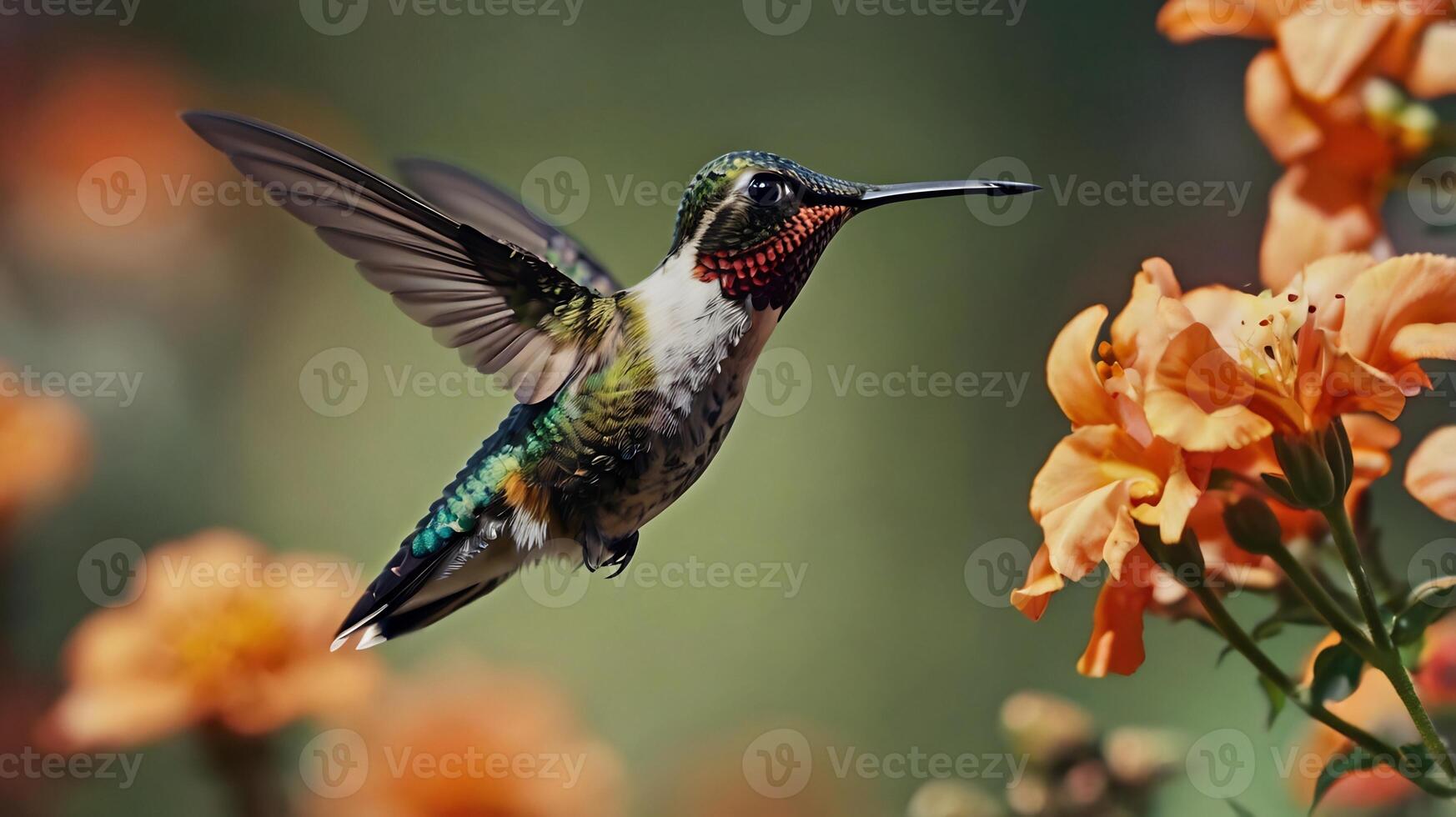 Hummingbird in flight with orange flowers photo