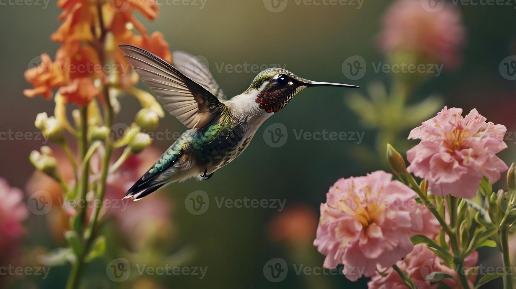 Hummingbird in flight with flowers in the background photo