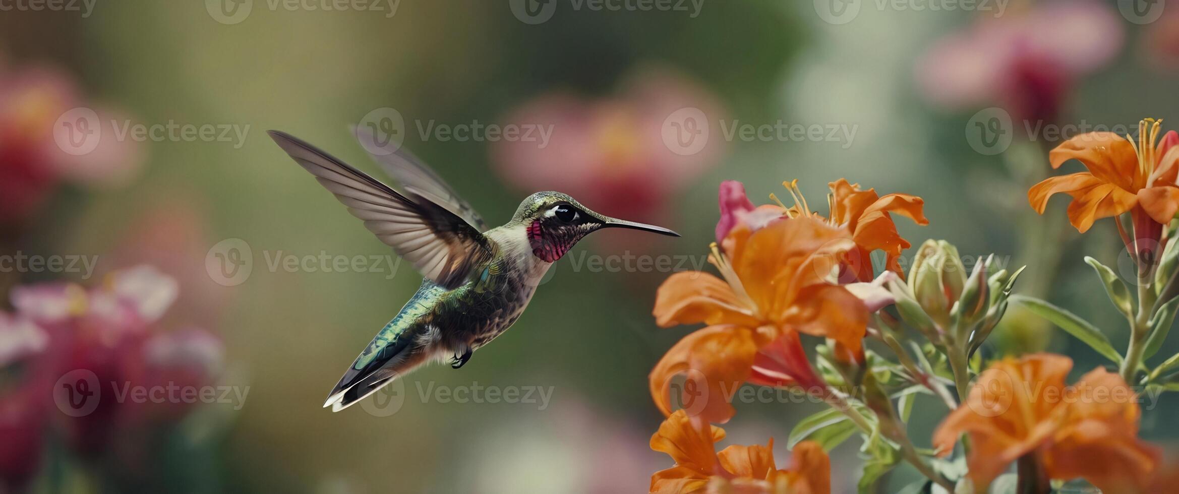 Hummingbird flying over flowers with orange flowers photo