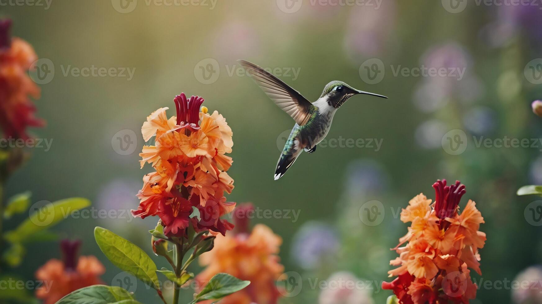Hummingbird flying over flowers photo