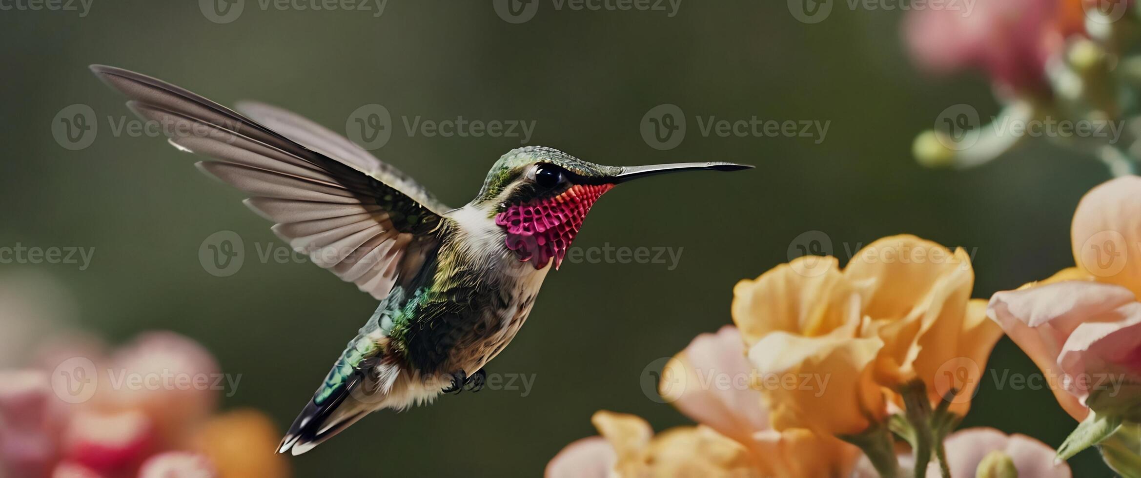 Hummingbird in flight with flowers in background photo