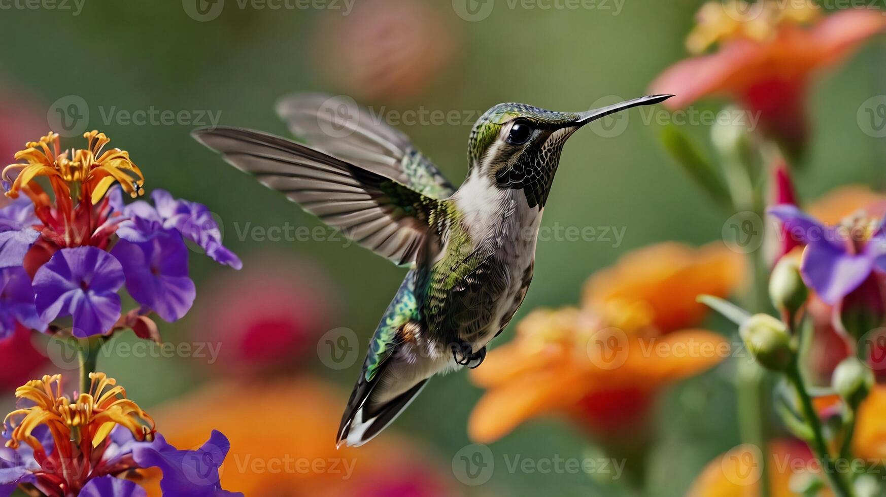 A hummingbird flying over colorful flowers photo