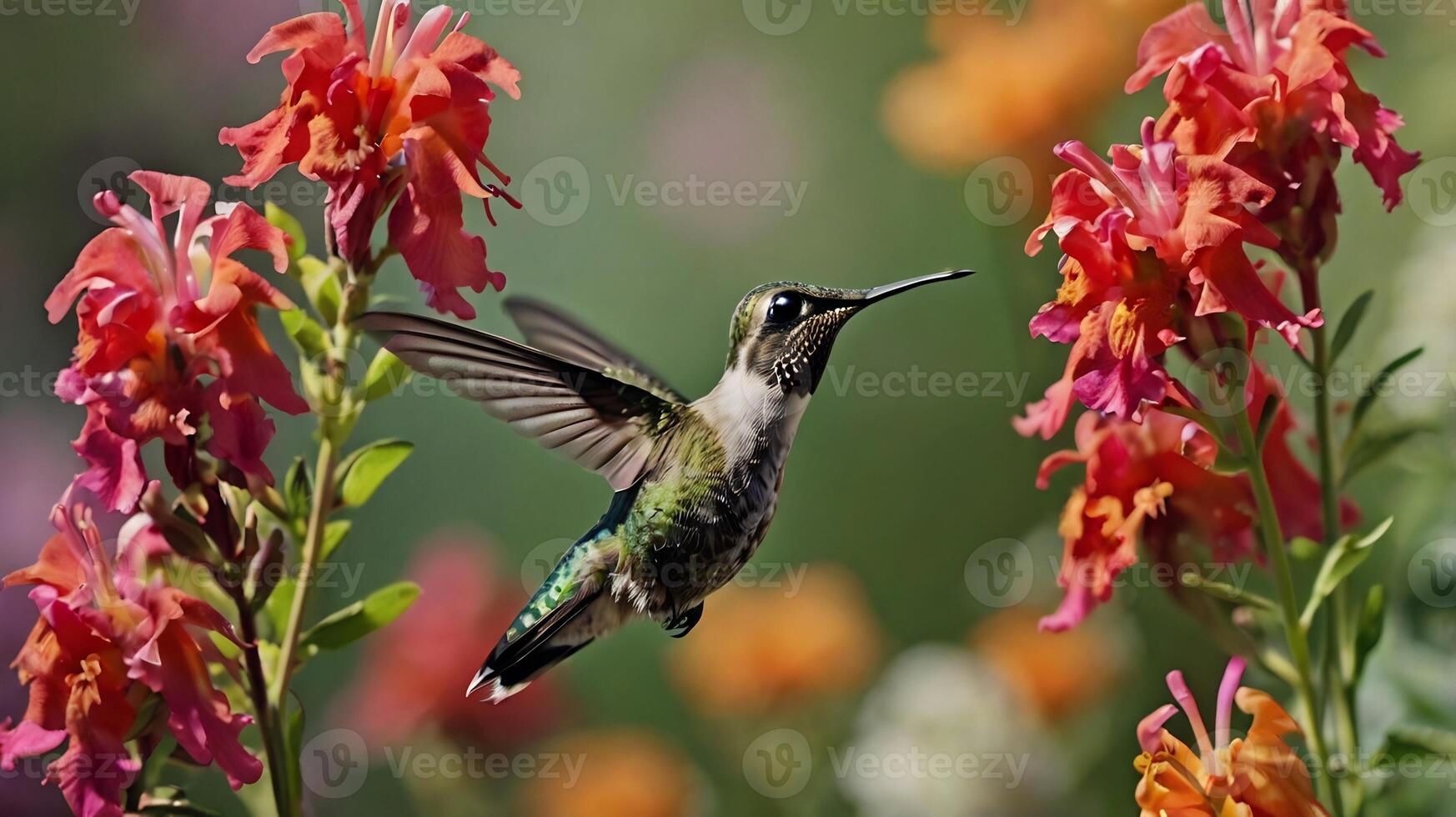Hummingbird flying over flowers with a green and white body photo