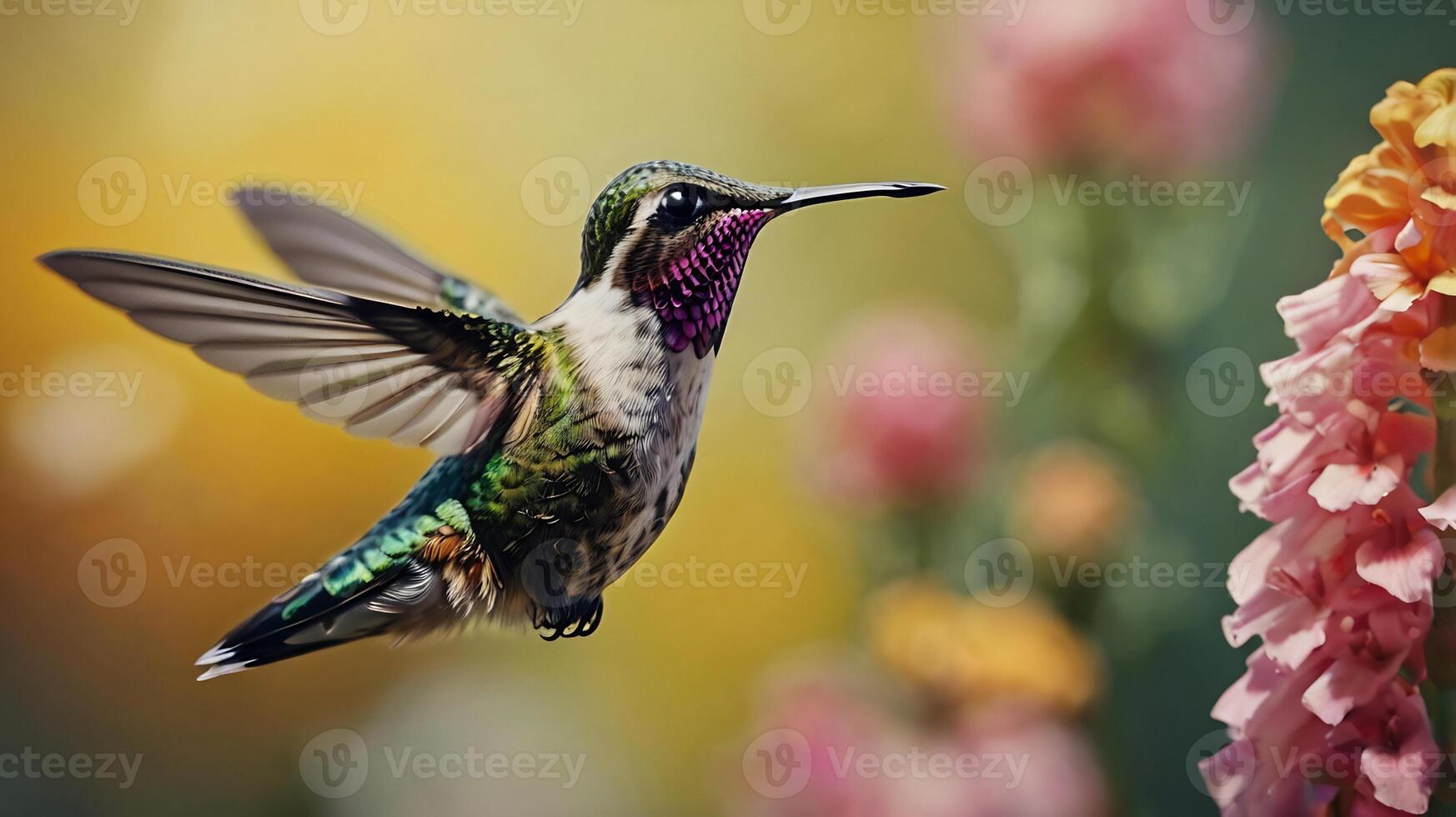 Hummingbird in flight with flowers in background photo