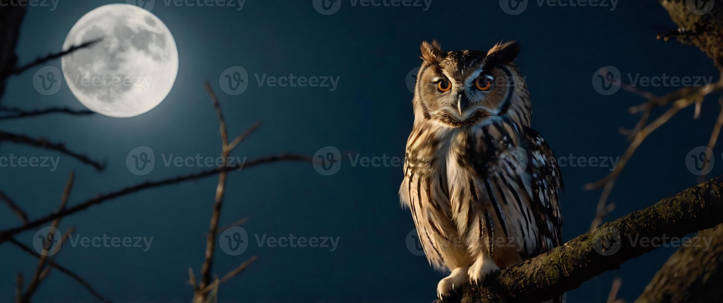 Owl on a branch with moon in background photo