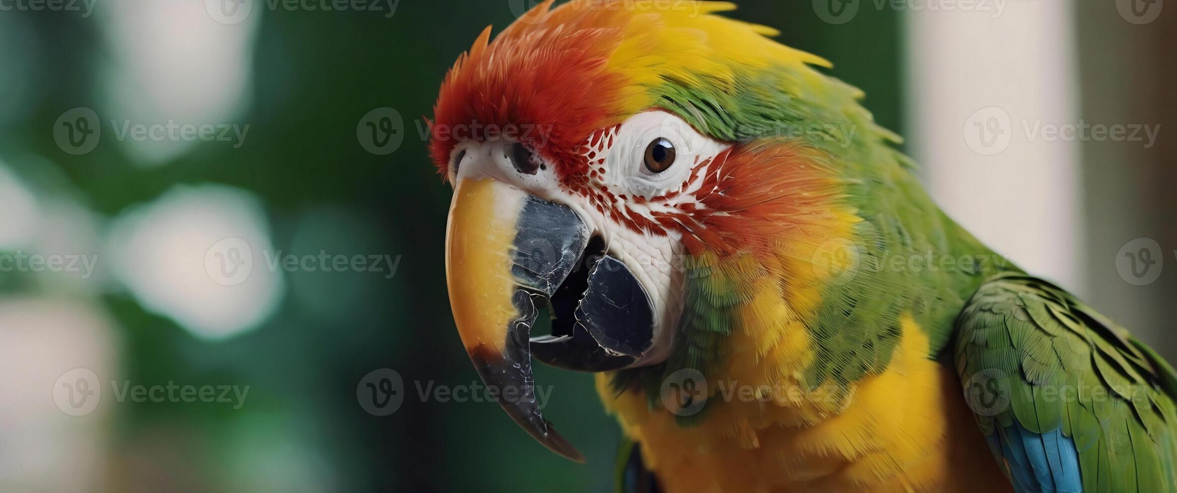 A close up of a colorful parrot with a green beak photo
