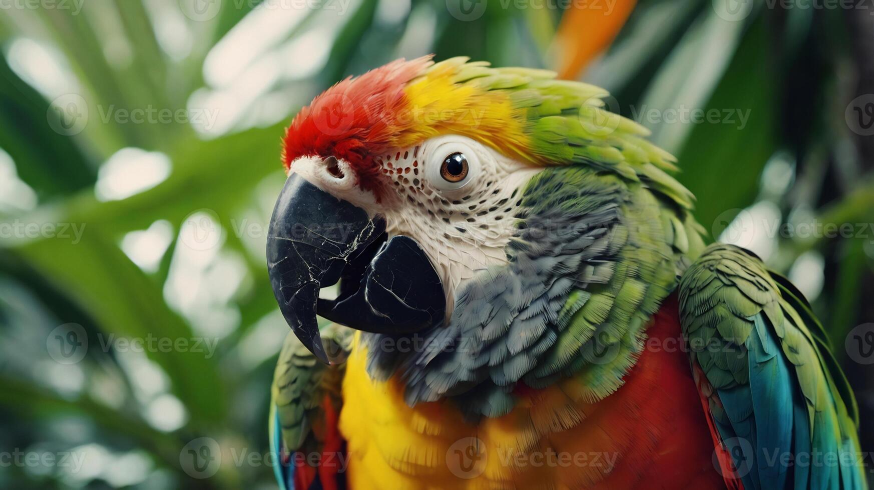 A colorful parrot is standing in front of some green plants photo