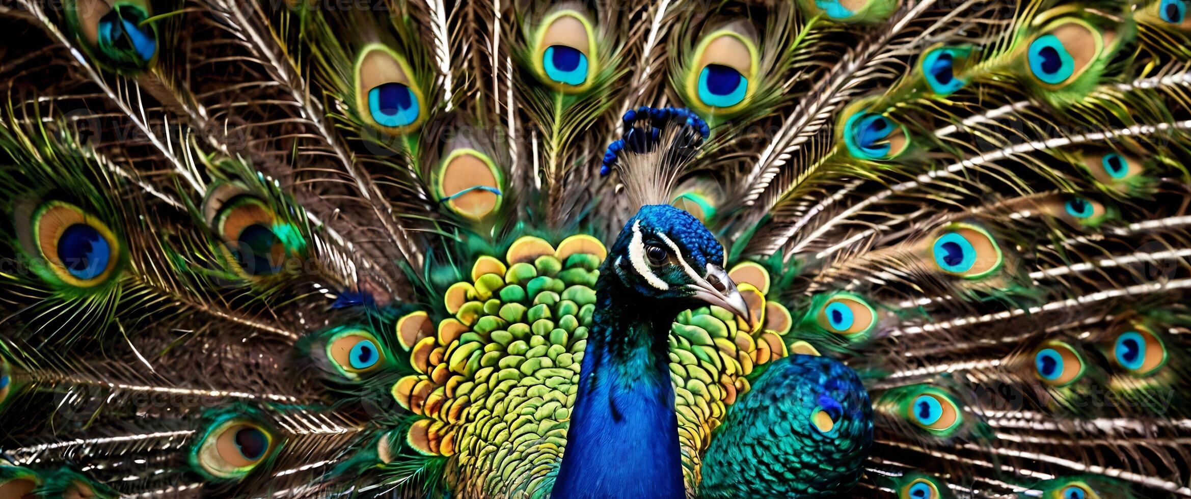 A peacock with its feathers spread out photo