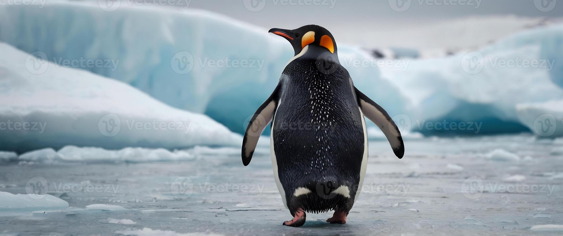 A penguin walking on ice near some large icebergs photo