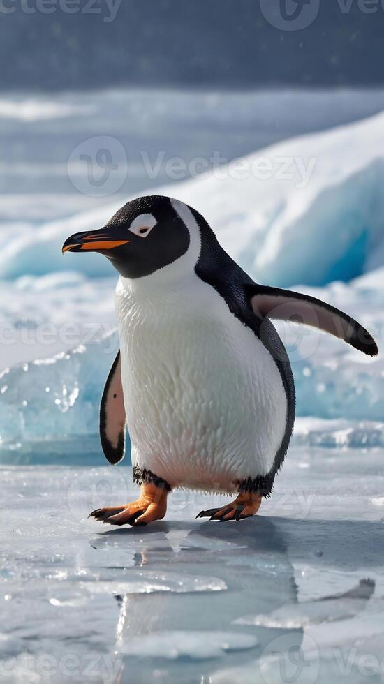 A penguin is standing on the ice with its feet out photo