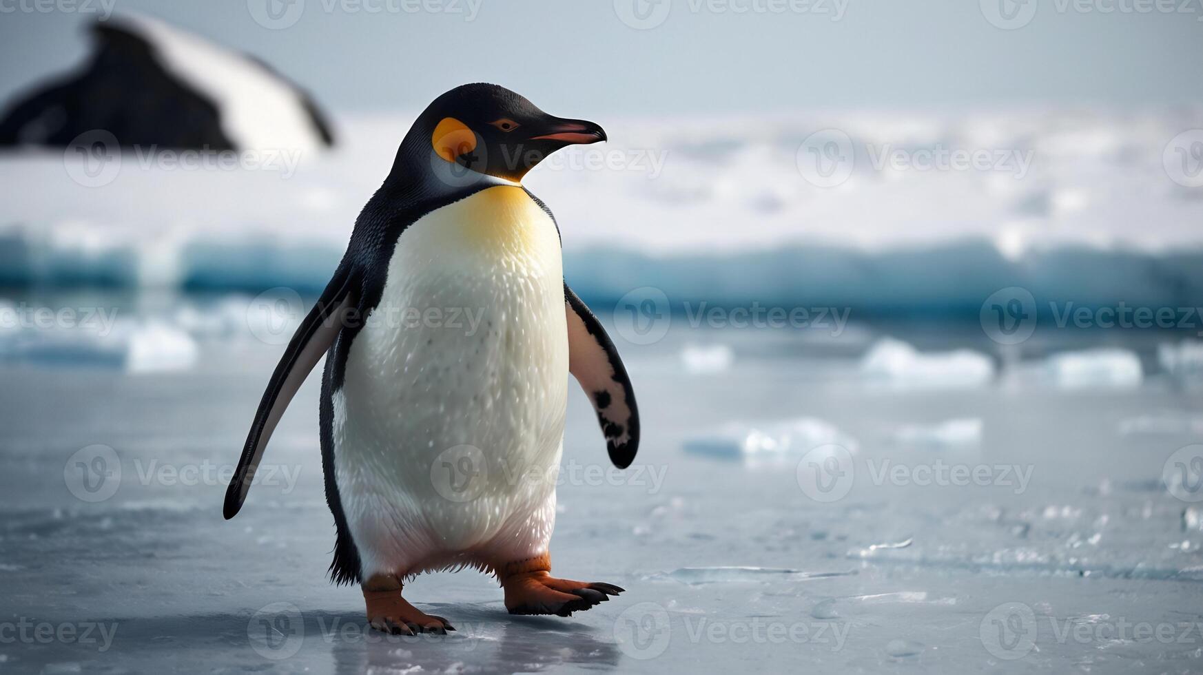 A penguin standing on ice with a large black and white bird in the background photo