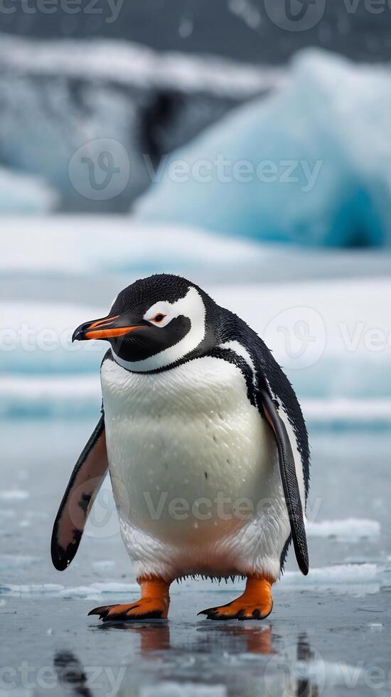 A penguin standing on the ice with a large iceberg in the background photo