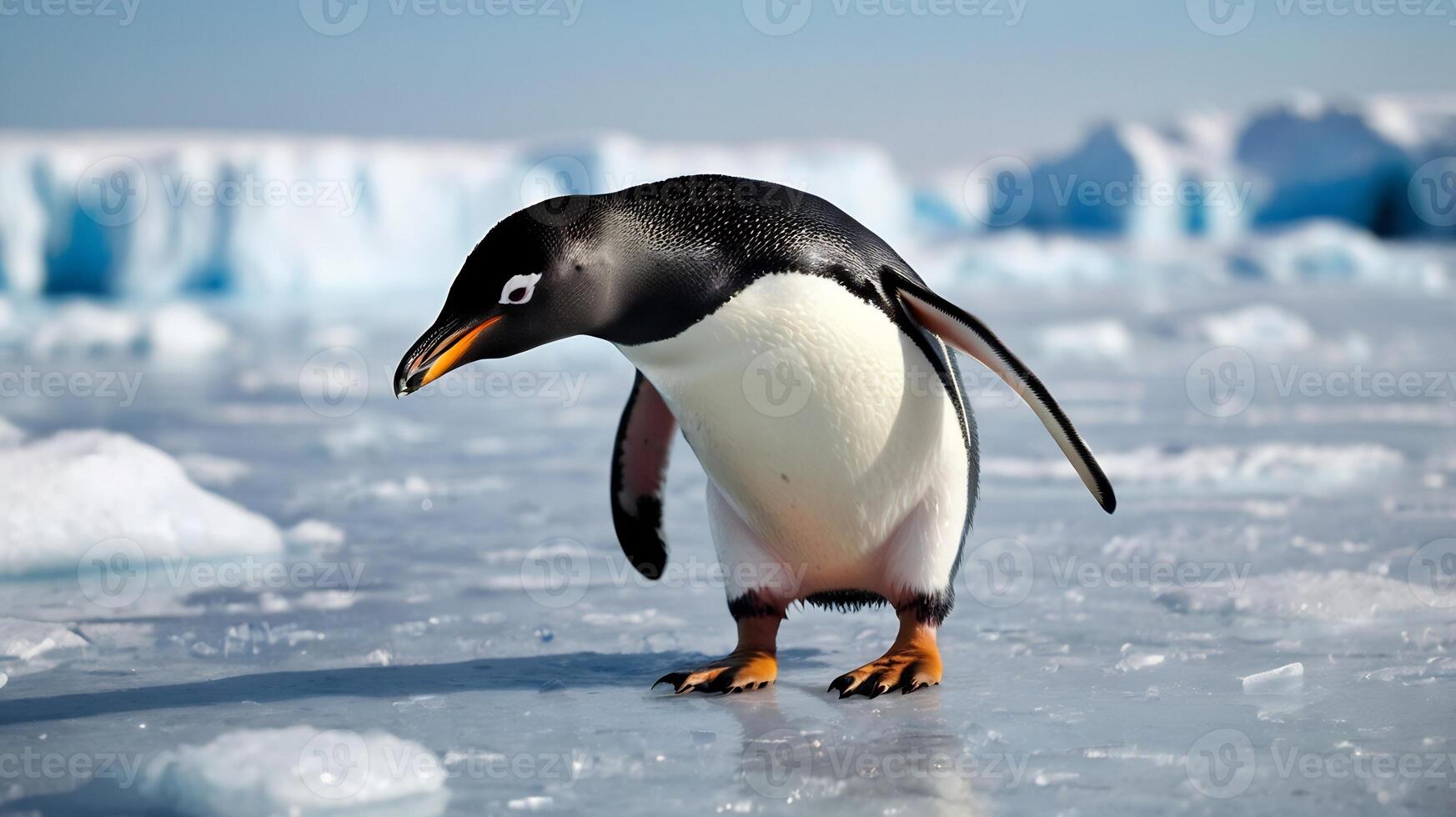 A penguin standing on some ice with a blue sky photo