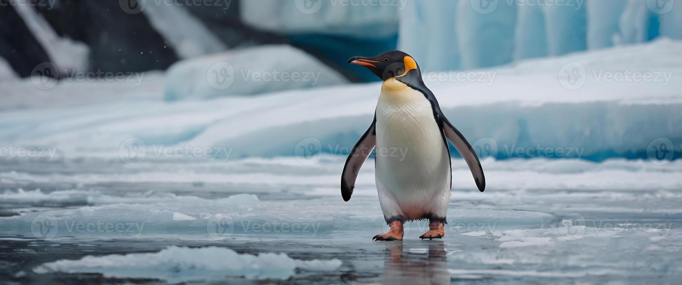 A penguin standing on the ice near an iceberg photo