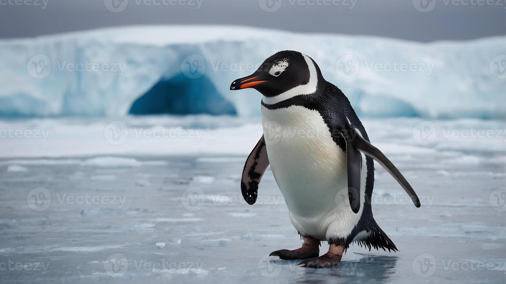 A penguin standing on the ice near an iceberg photo