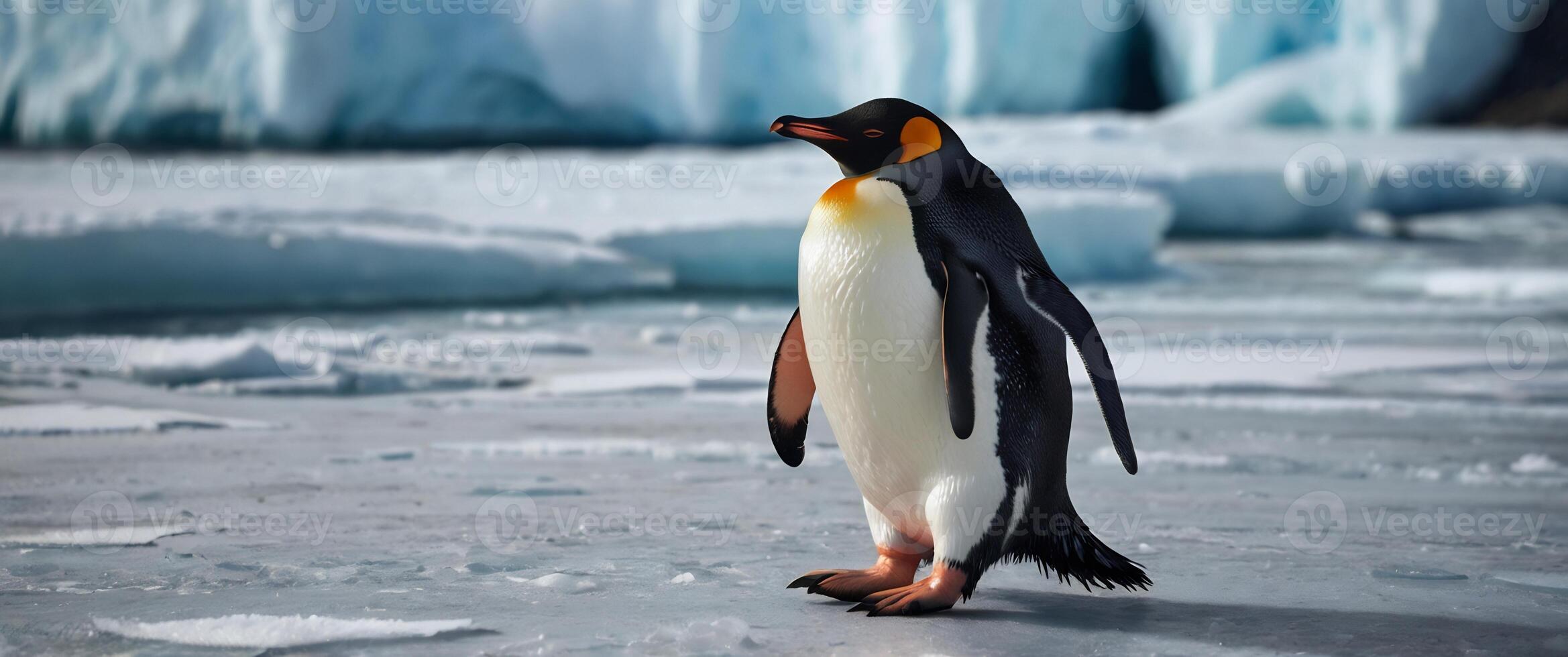 A penguin standing on the ice with a large iceberg in the background photo