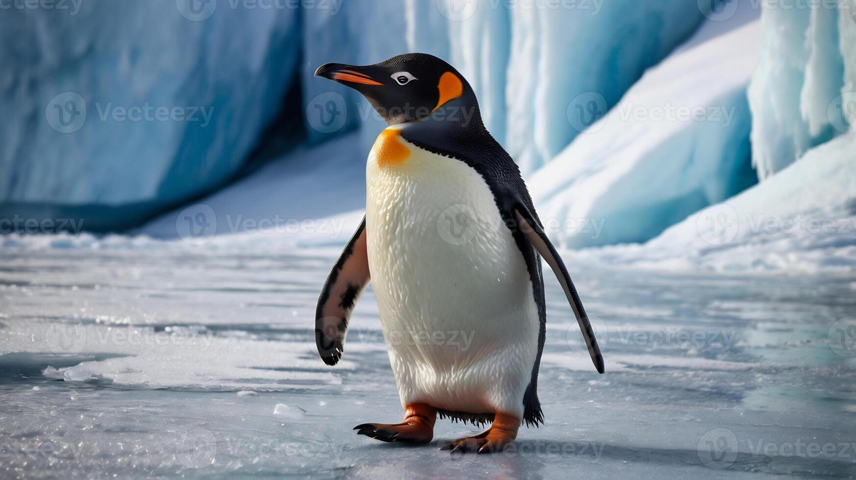 A penguin standing on an ice floe with a blue background photo