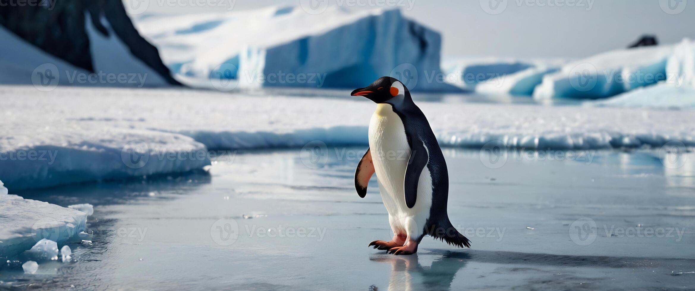 A penguin standing on an ice floe with icebergs in the background photo