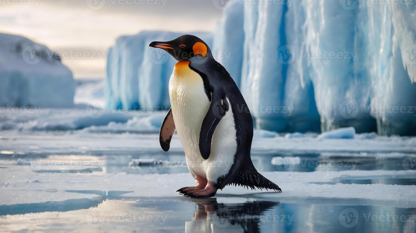 A penguin standing on the ice in front of a large iceberg photo