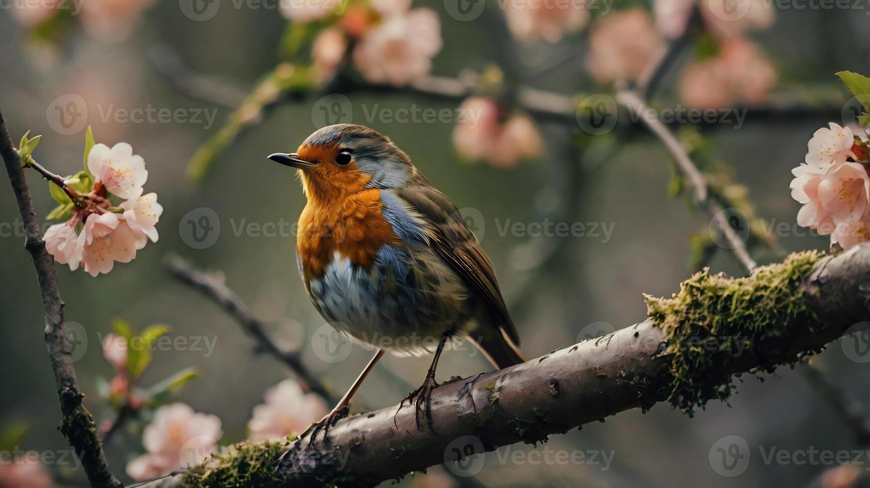 A robin sits on a branch with flowers photo