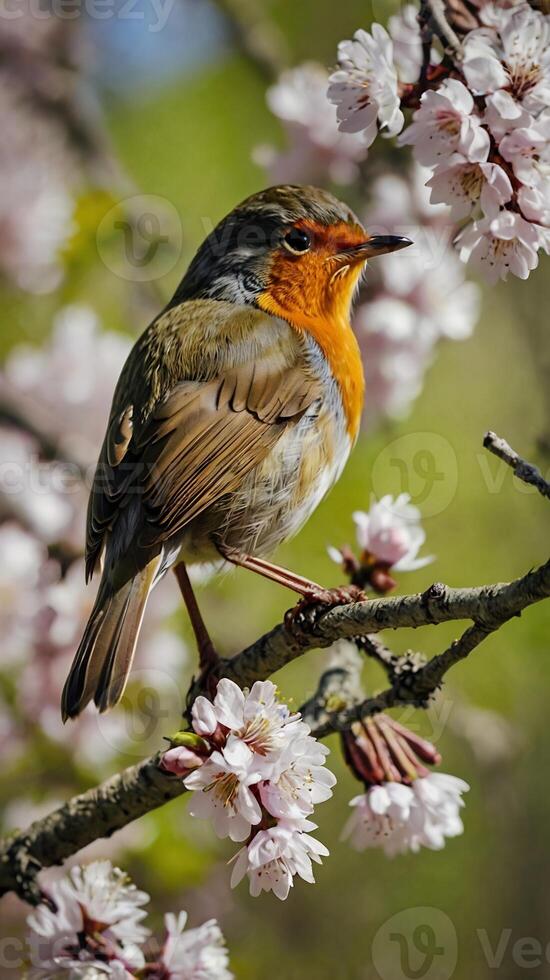 A robin sits on a branch of a cherry tree photo