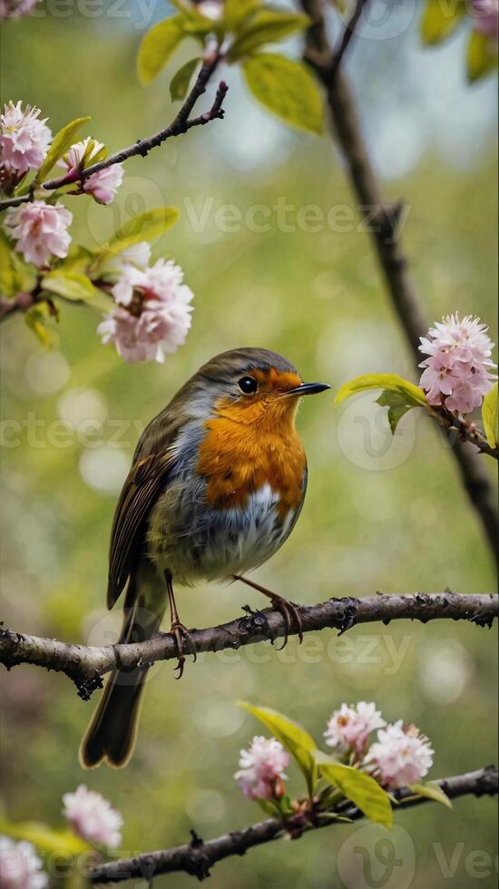 A bird sitting on a branch with flowers in the background photo