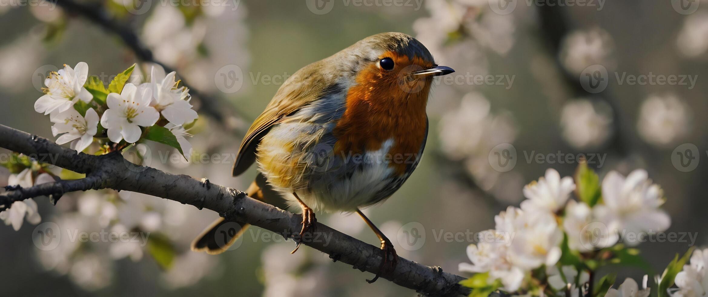 A robin sits on a branch of a tree with flowers photo