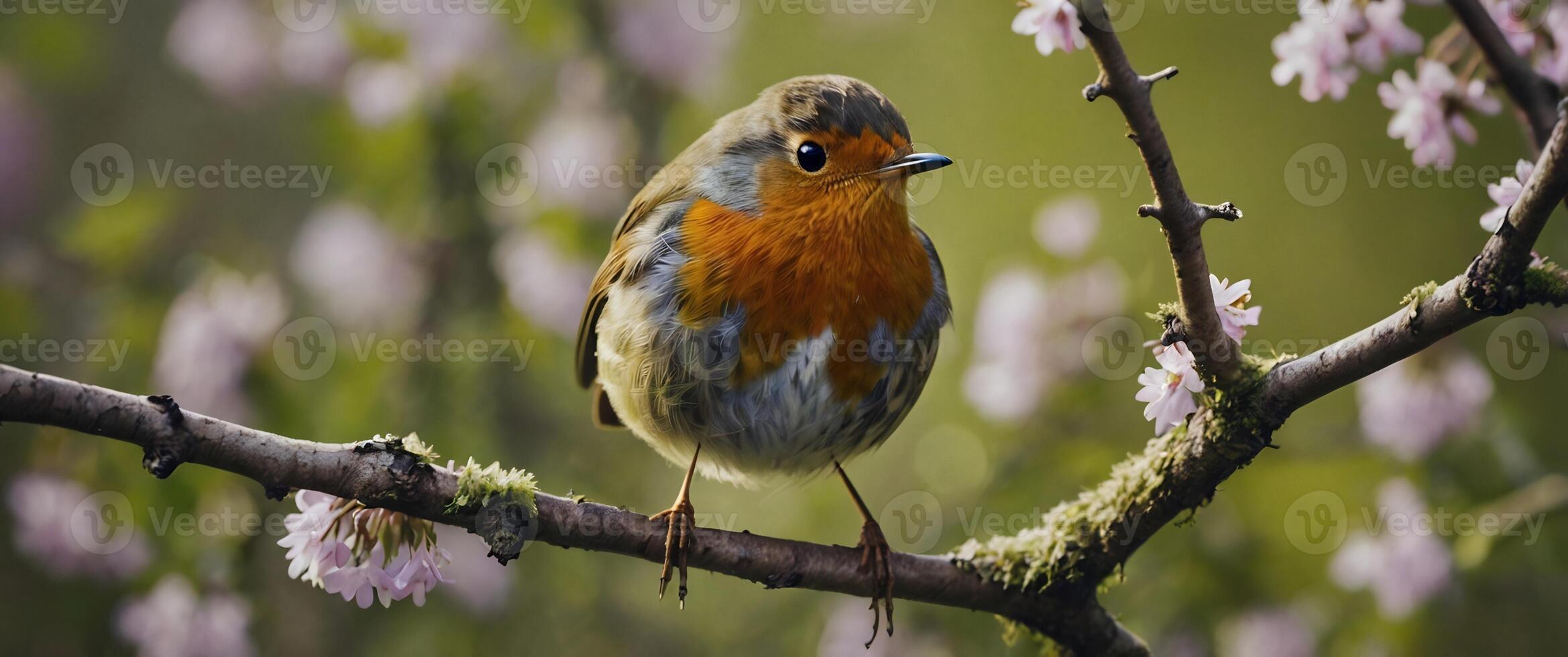 A robin sits on a branch with flowers in the background photo