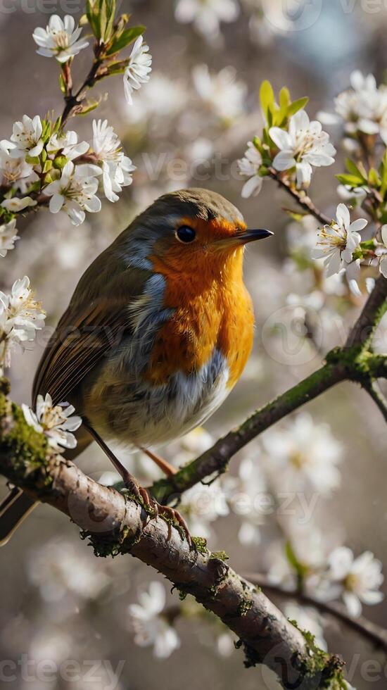 A robin sits on a branch with flowers photo