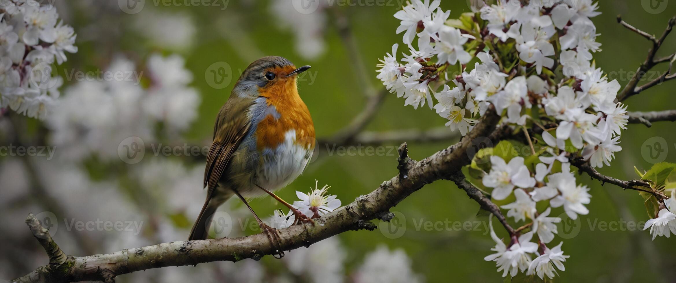 A robin sits on a branch of a tree with flowers photo