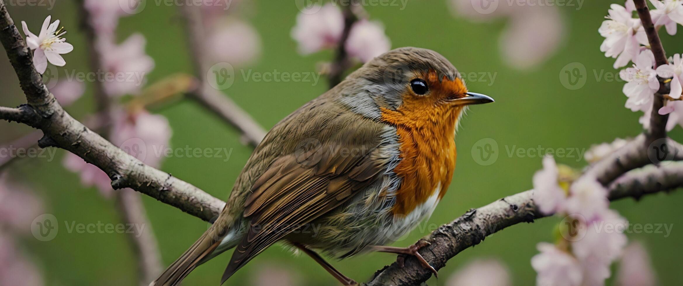 A bird sitting on a branch with pink flowers photo