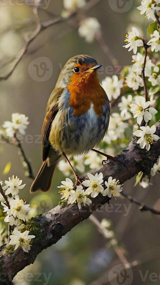 A bird sitting on a branch with flowers photo
