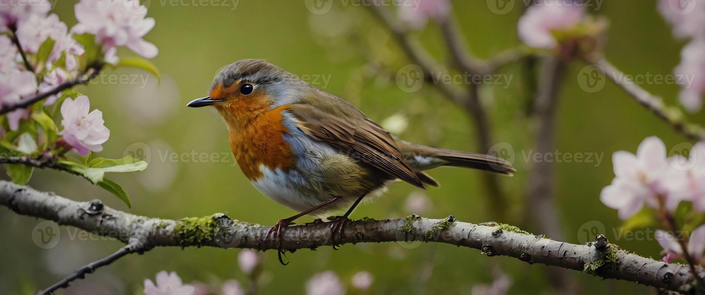 A bird sitting on a branch with flowers in the background photo