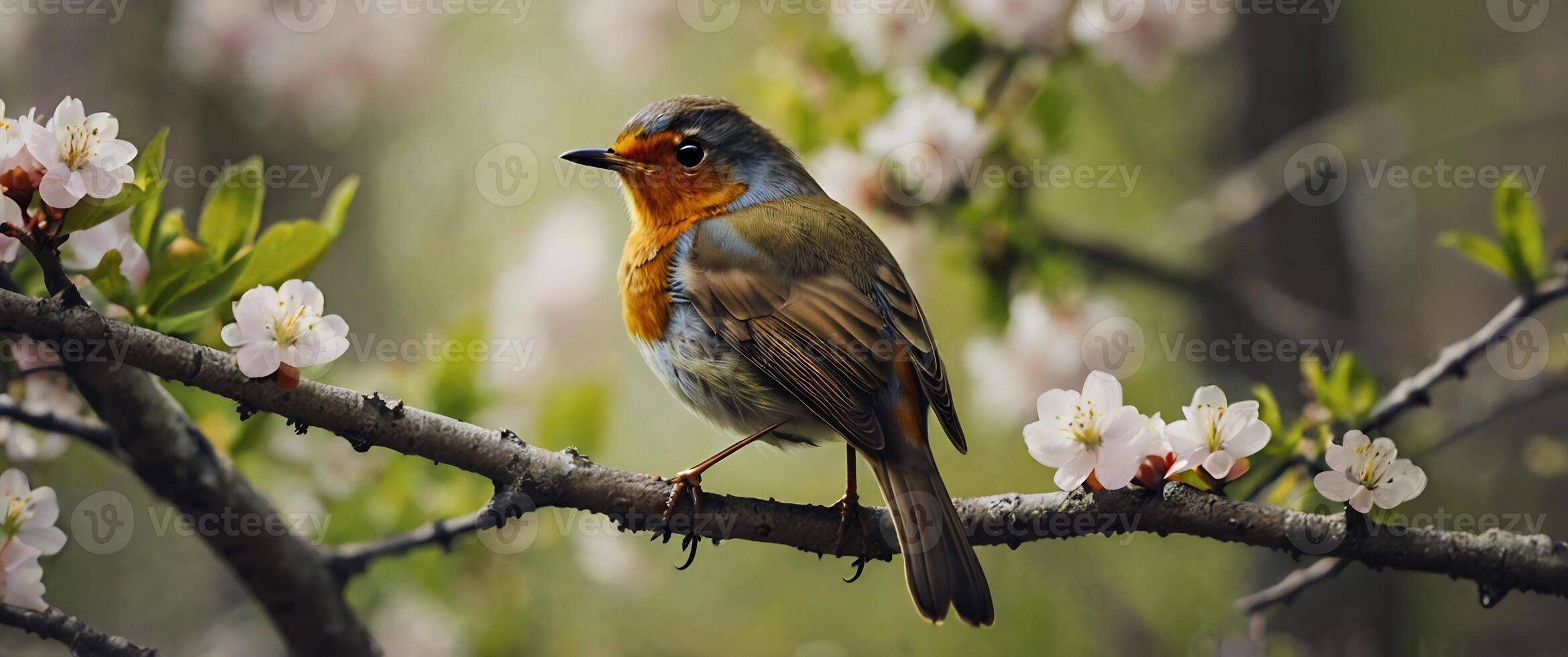 A bird sitting on a branch with flowers photo