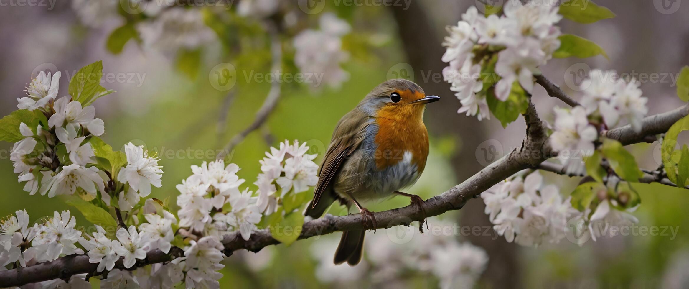 A robin sits on a branch of a tree with flowers photo