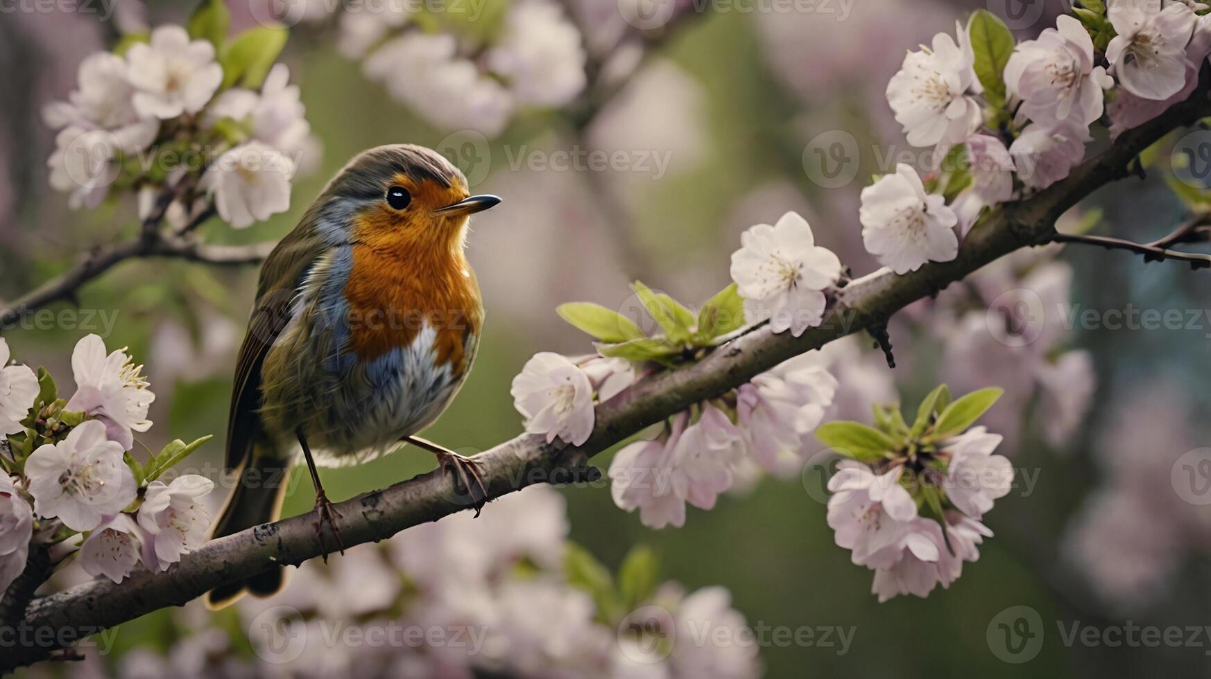 A bird sits on a branch of a tree with flowers photo